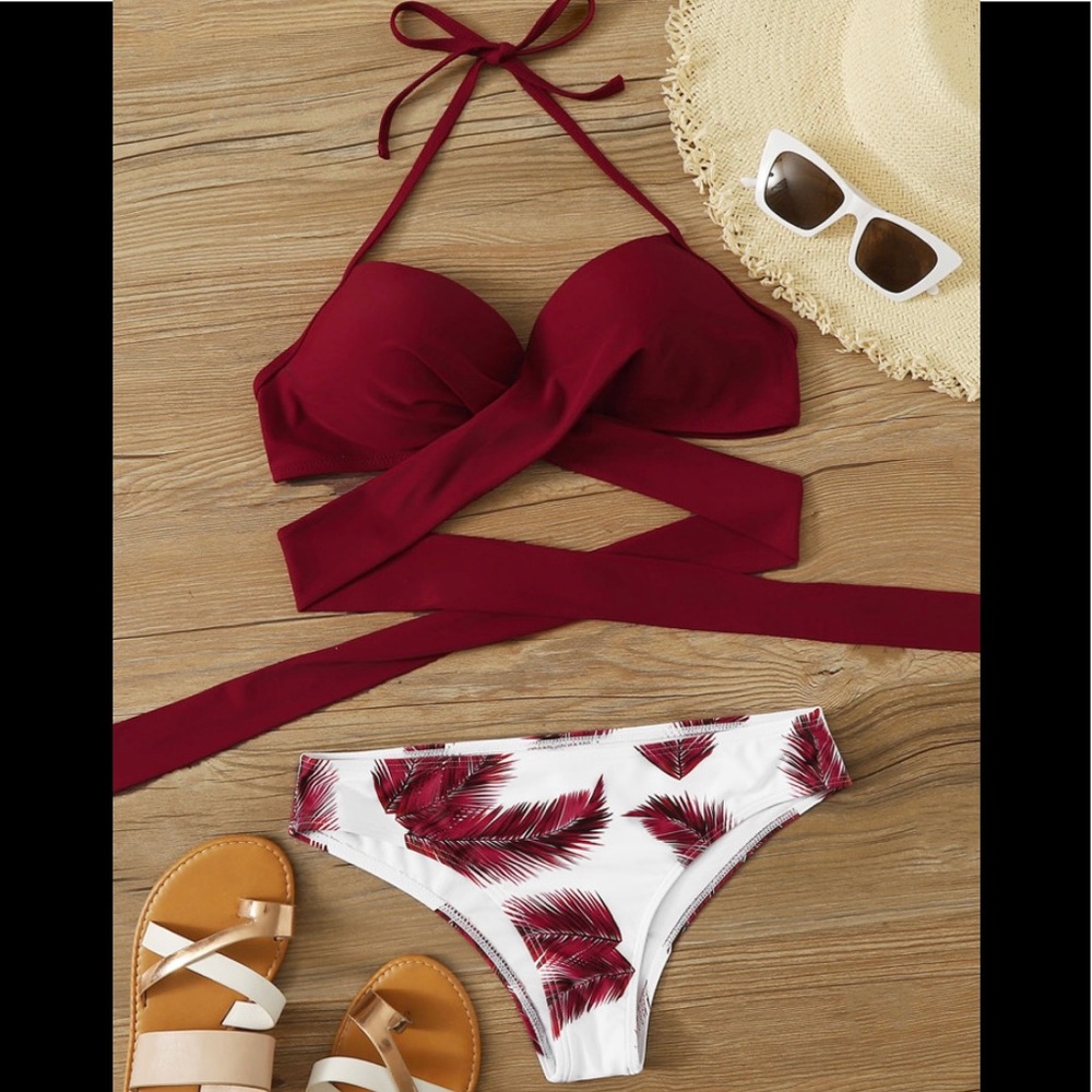 Maroon and White Feather Print Bikini